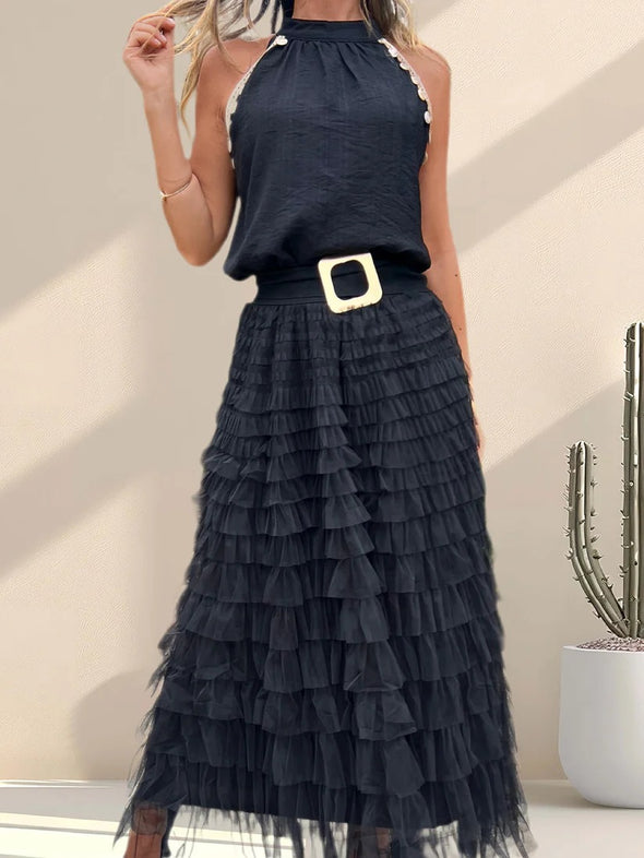 Women Round Neck Top+ Patchwork Mesh Skirt Casual Set