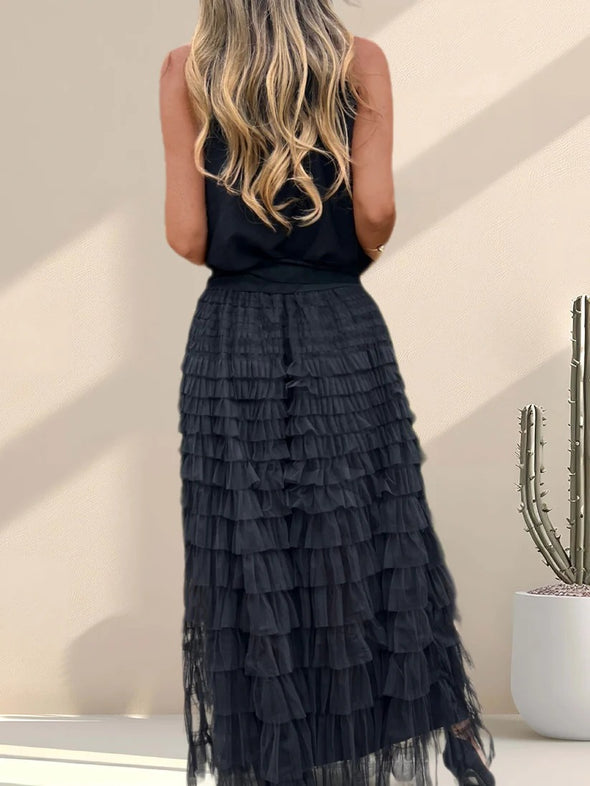 Women Round Neck Top+ Patchwork Mesh Skirt Casual Set