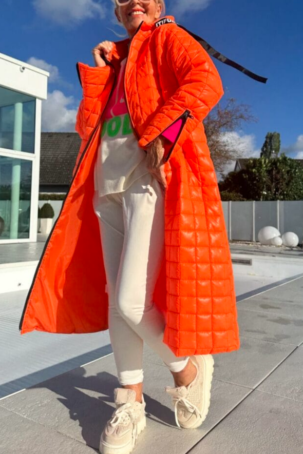 Women Hooded Drawstring Plaid Sleeve Zipper Design Casual Long Coat