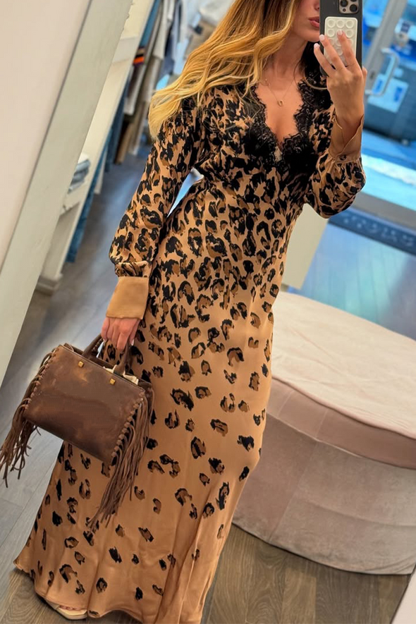 Ladies V-neck Patchwork Printed Elegant Temperament Dress