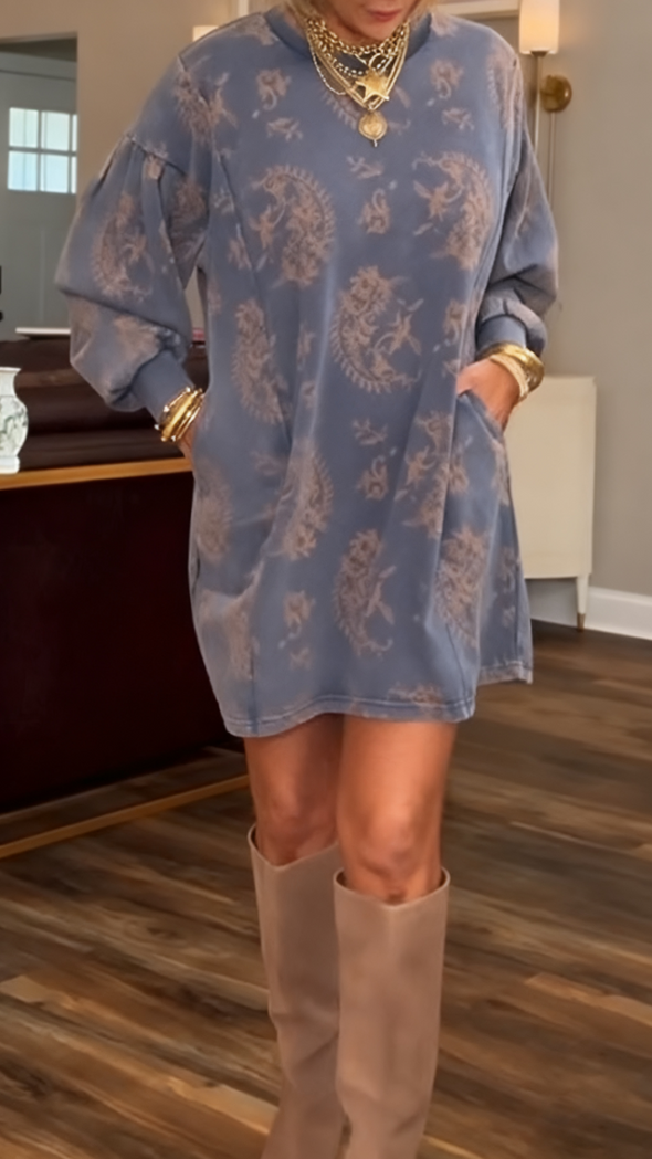 Women Round Neck Printed Loose Casual Dress