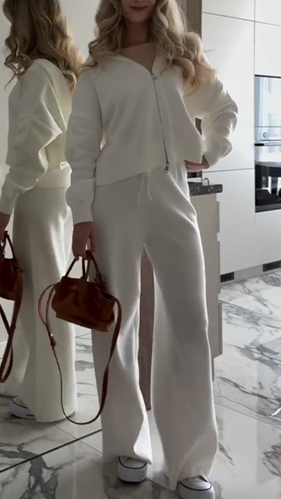 Womens Round Neck Hooded Zip-up Top + Pants Casual Suit