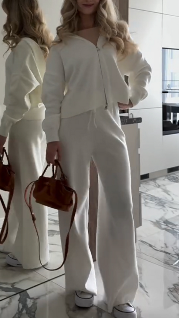 Womens Round Neck Hooded Zip-up Top + Pants Casual Suit