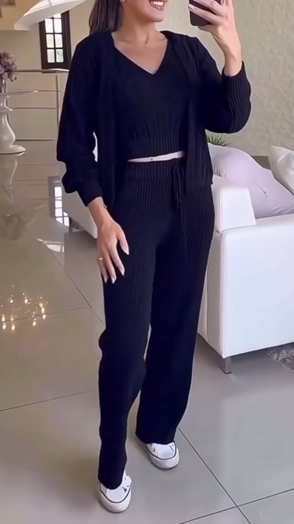 Women Solid Color Casual Three-piece Suit