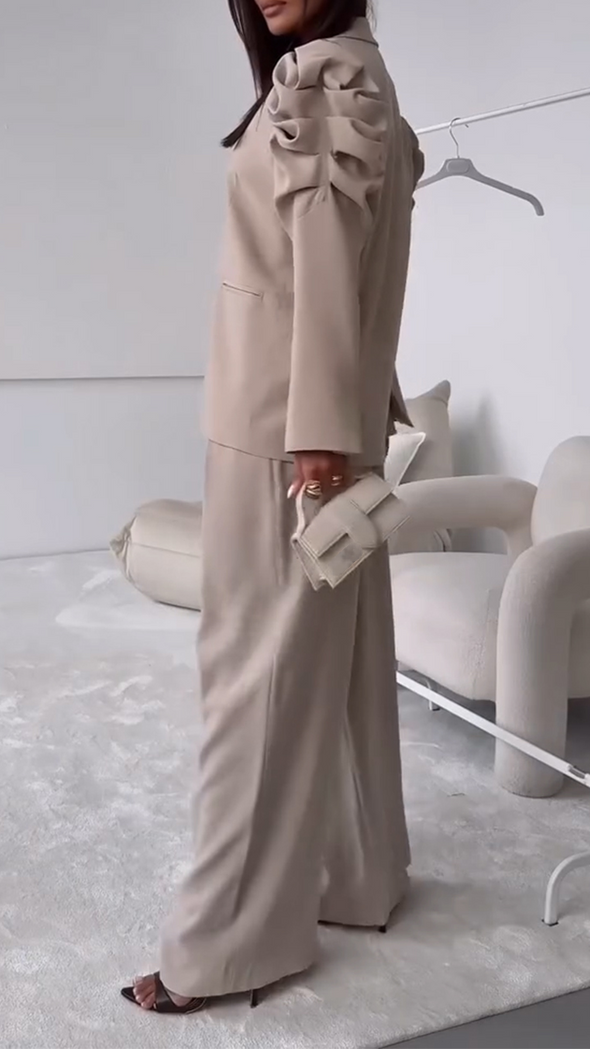 Women Collar and Sleeve Pleated Design Jacket + Pants Temperament Casual Set