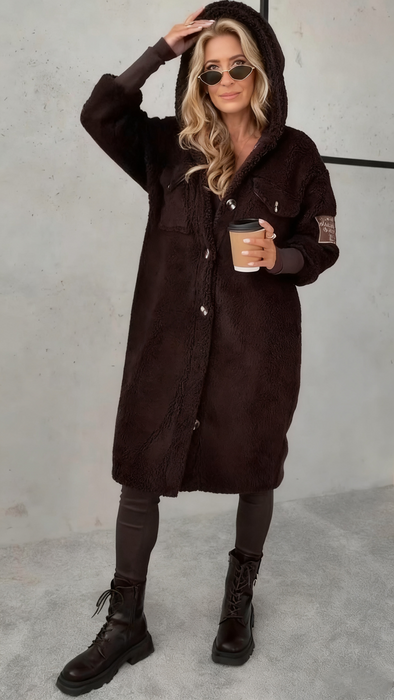 Women's Hooded Button-down Knitted Long-sleeved Fur Warm Coat