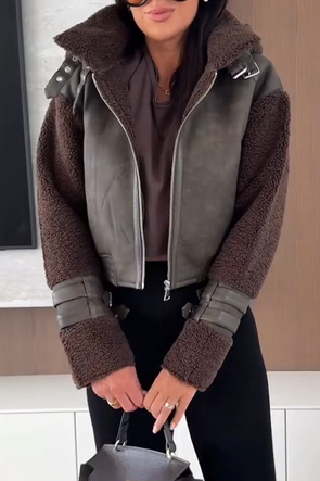 Women Lapel Leather Stitching Plush Temperament Casual Jacket