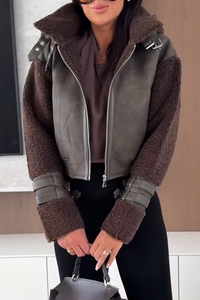 Women Lapel Leather Stitching Plush Temperament Casual Jacket
