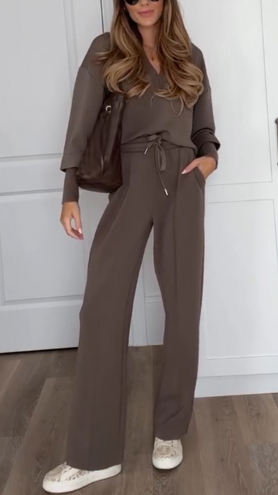 Women V-neck Top + Drawstring Pants Casual Suit