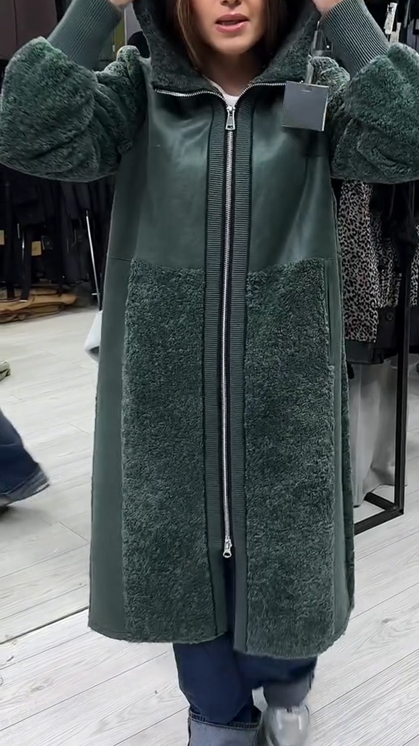 Women Hooded Spliced Plush Casual Long Coat