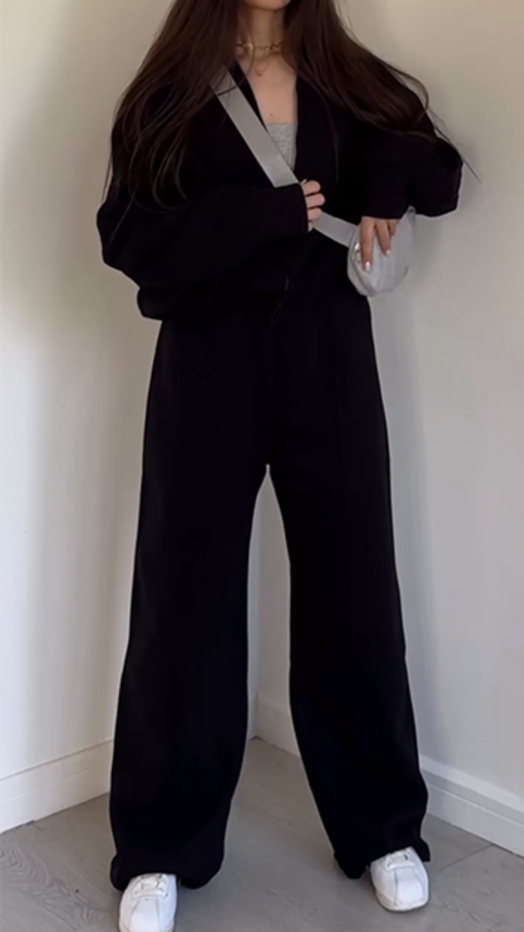 Women Round Neck Zipper Stitching Solid Color Casual Suit