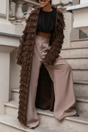 Womens Plush Tassel Casual Long Cardigan