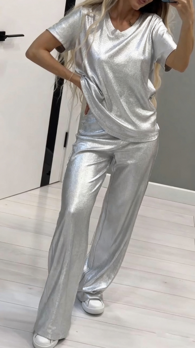 Women V-neck Solid Color Casual Suit