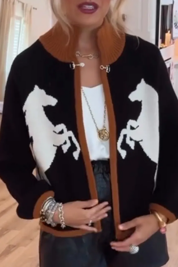 Ladies Patchwork Printed Casual Knitted Cardigan