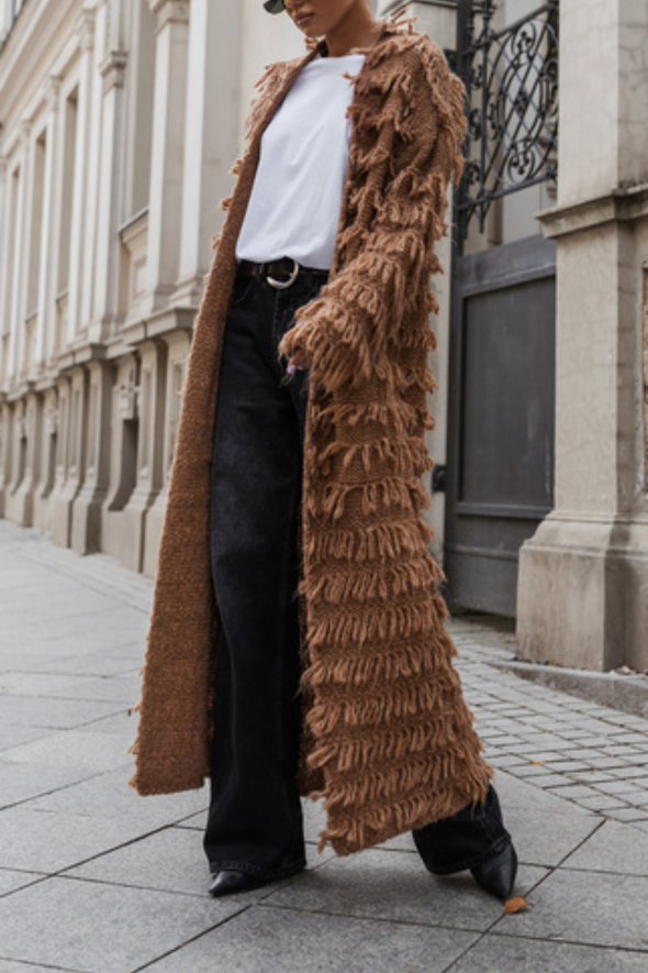 Womens Plush Tassel Casual Long Cardigan