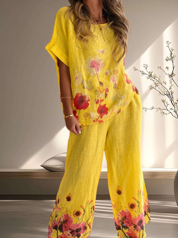 Women Round Neck Printed Loose Casual Suit