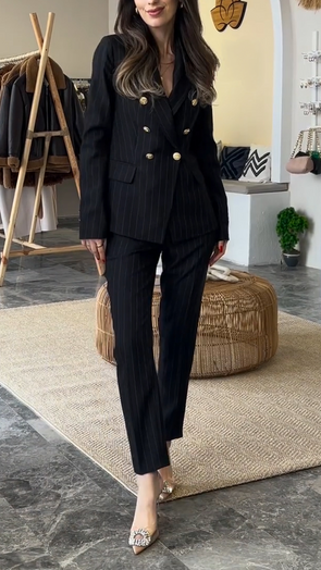 Women Lapel Double-breasted Jacket + Pants Temperament Commuting Suit