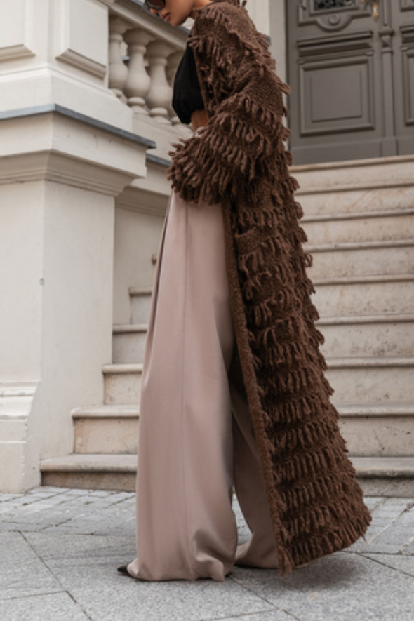 Womens Plush Tassel Casual Long Cardigan