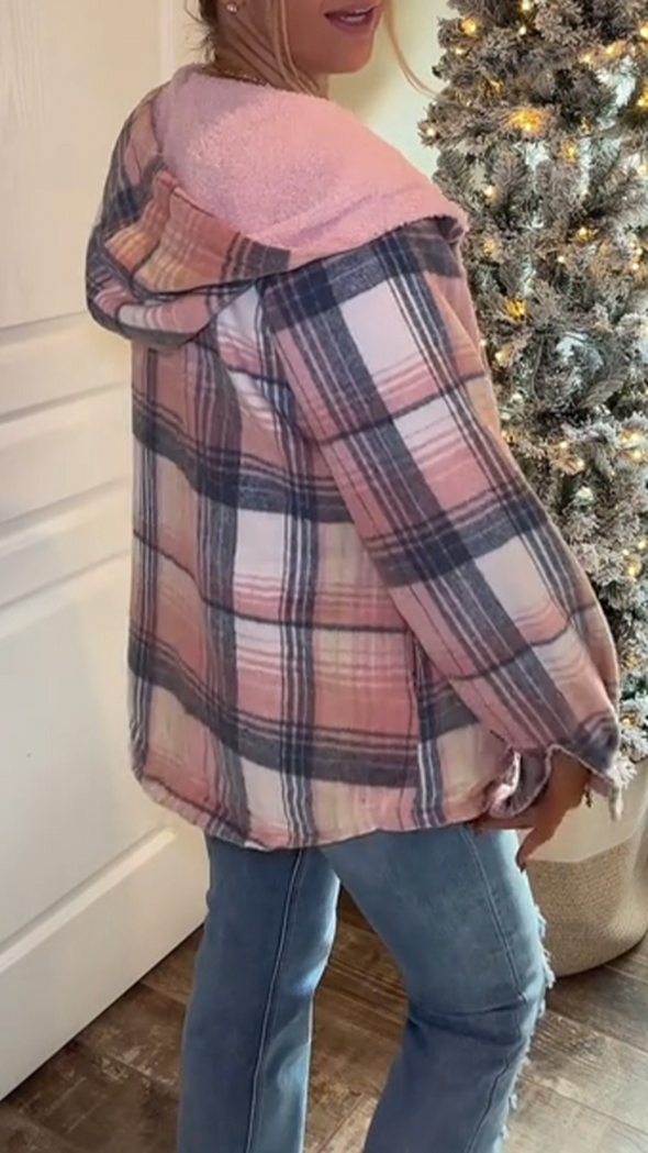 Women Plaid Button Lined Plush Casual Jacket