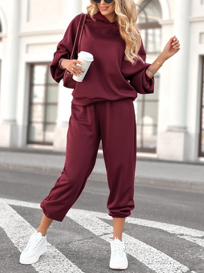 Women Round Neck Hooded Solid Color Casual Suit