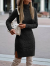 Women Turtleneck Sweater Solid Color Slit Knitted Sweater Dress