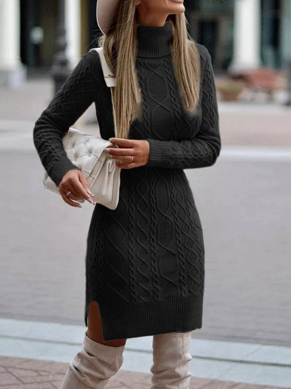 Women Turtleneck Sweater Solid Color Slit Knitted Sweater Dress