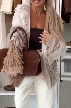 Women Tassel Contrasting Casual Cardigan