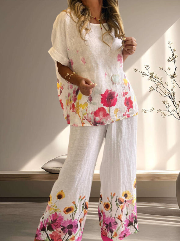 Women Round Neck Printed Loose Casual Suit