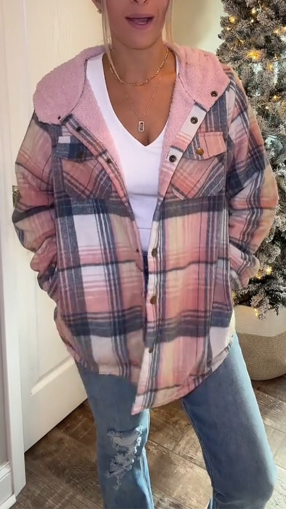 Women Plaid Button Lined Plush Casual Jacket