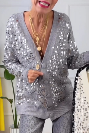 Women Breasts Sequins Knitted Casual Cardigan