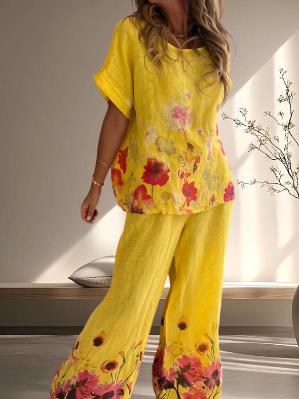 Women Round Neck Printed Loose Casual Suit