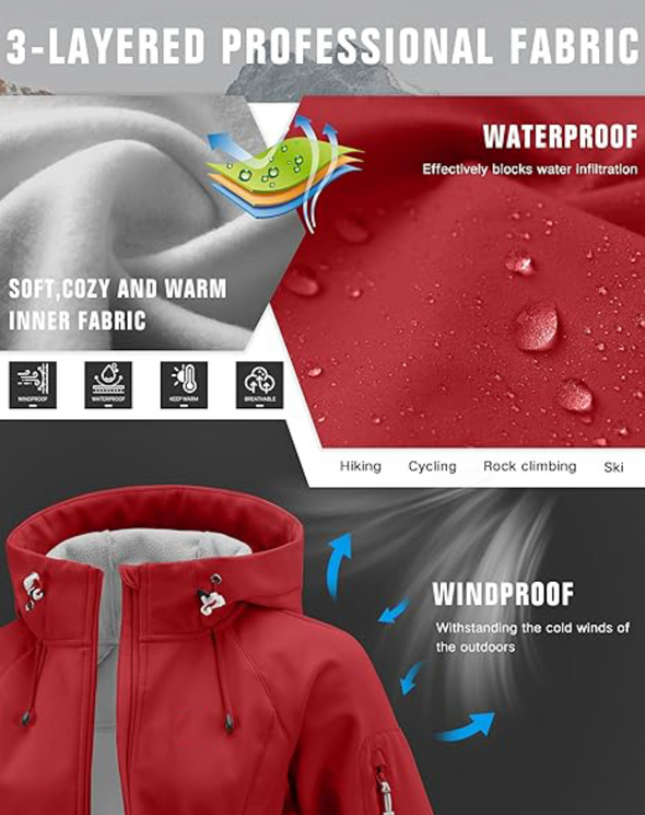 Women Wool Lined Soft Shell Waterproof Hooded Jacket
