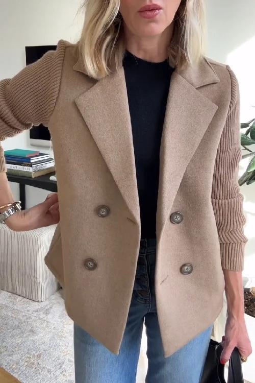 Women's Lapel Button Knitted Sleeve Casual Coat with Two Side Pockets